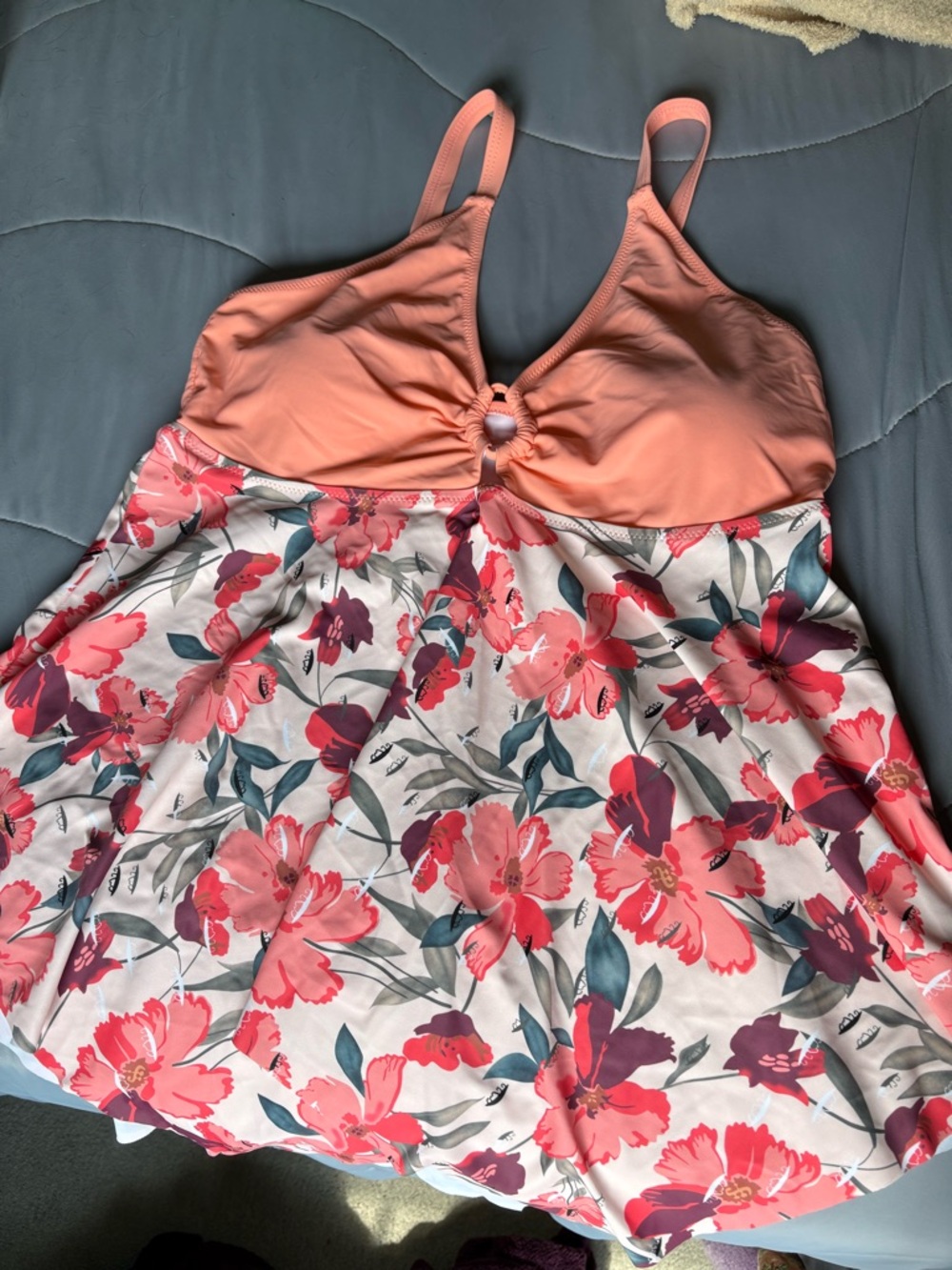 Beachsissi Peach Floral Tankini Top with Ruched Detail